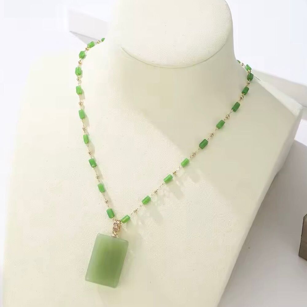 Green Beaded Necklace Rectangular Pendant Gold Tone Chain Statement Jewelry New